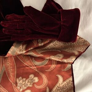 Elegant Burgundy Velvet Gloves and velvetPaisleysilk and velvet Scarf Set